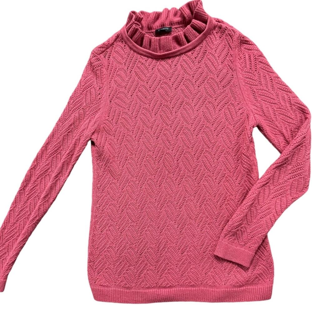 Talbots Pointelle Raspberry Pink Ruffle Neck Pullover Sweater P Small - Picture 2 of 8